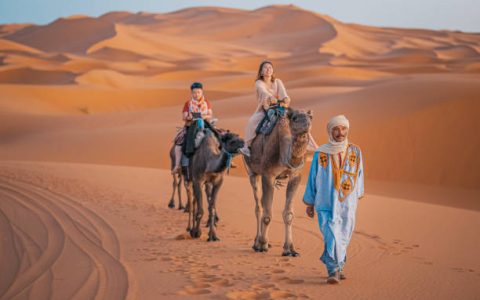 Asian Chinese Female Tourist Camel caravan going through the Sahara desert in Morocco at sunset lead by camel driver